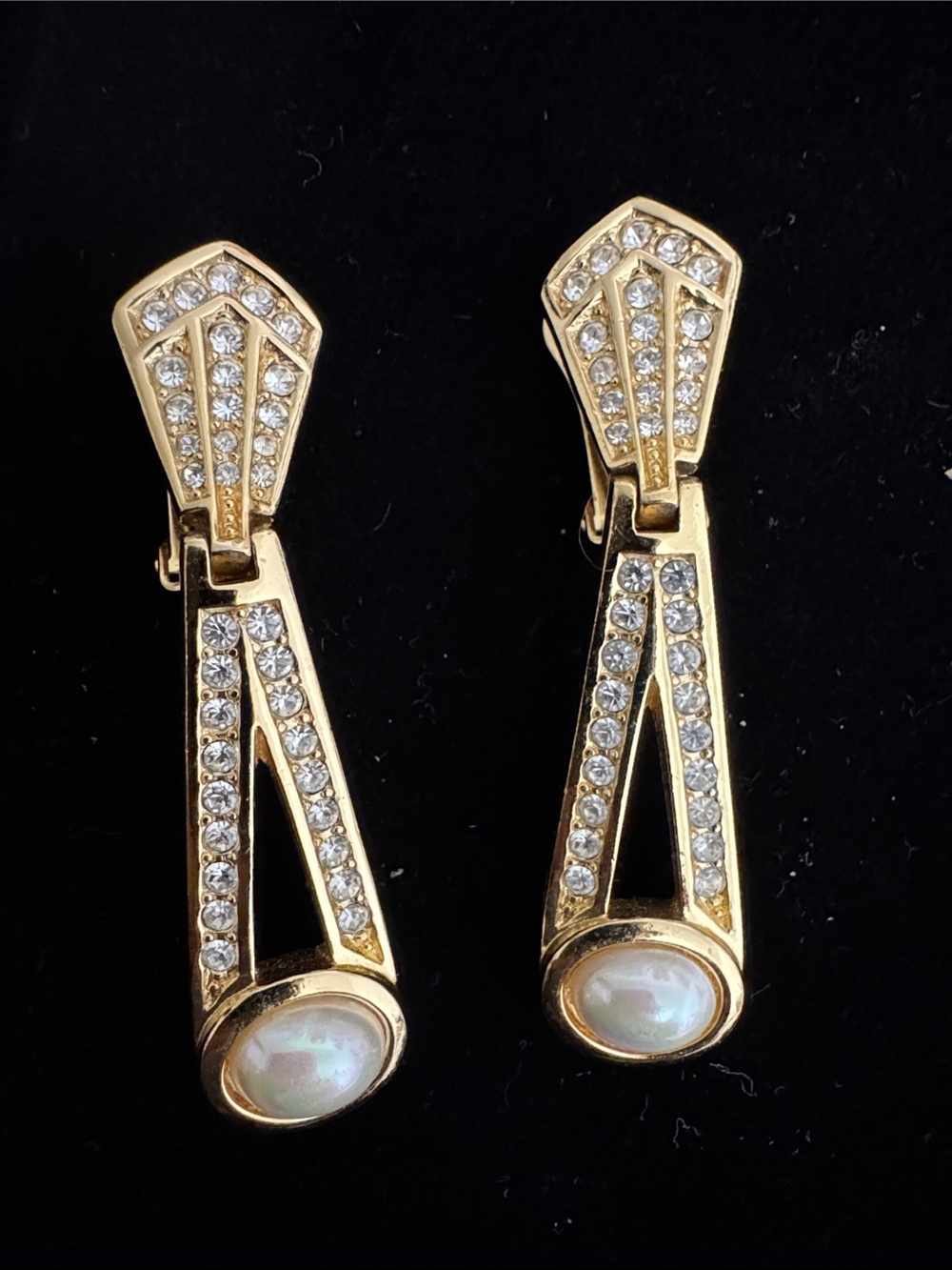 Vintage Christian Dior Gold Tone Crystal, Rhinestone, faux Pearl Clip Earrings